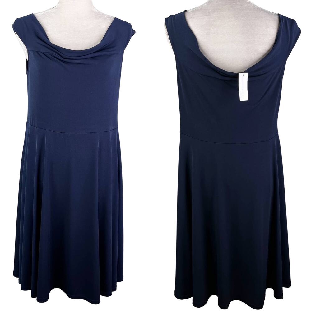 NY & Co Dress Navy XL Short Sleeve Draped Neck Stretch New